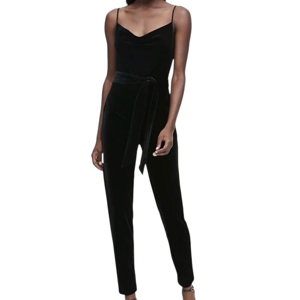 Banana Republic Black Velvet Draped Neckline Jumpsuit Petite 10 Tie Waist
